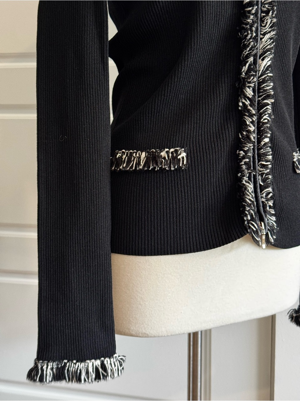 Cache Black Ribbed Cardigan with Black and White Fringe Trim - Picture 2 of 5